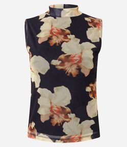 Blusa em Tule Estampado com Gola Alta