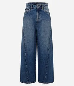 Calça Wide em Jeans com Brilhos e Recorte Transversal