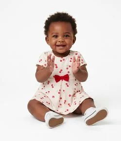 Vestido Bebê em Algodão Estampa de Cerejas e Laço na Cintura - Tam 0 a 18 Meses