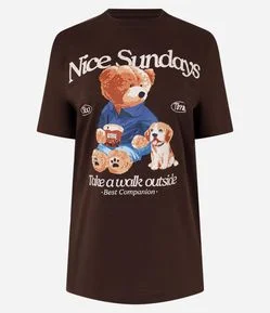 Camiseta em Algodão com Estampa Ursinho e Lettering Nice Sundays