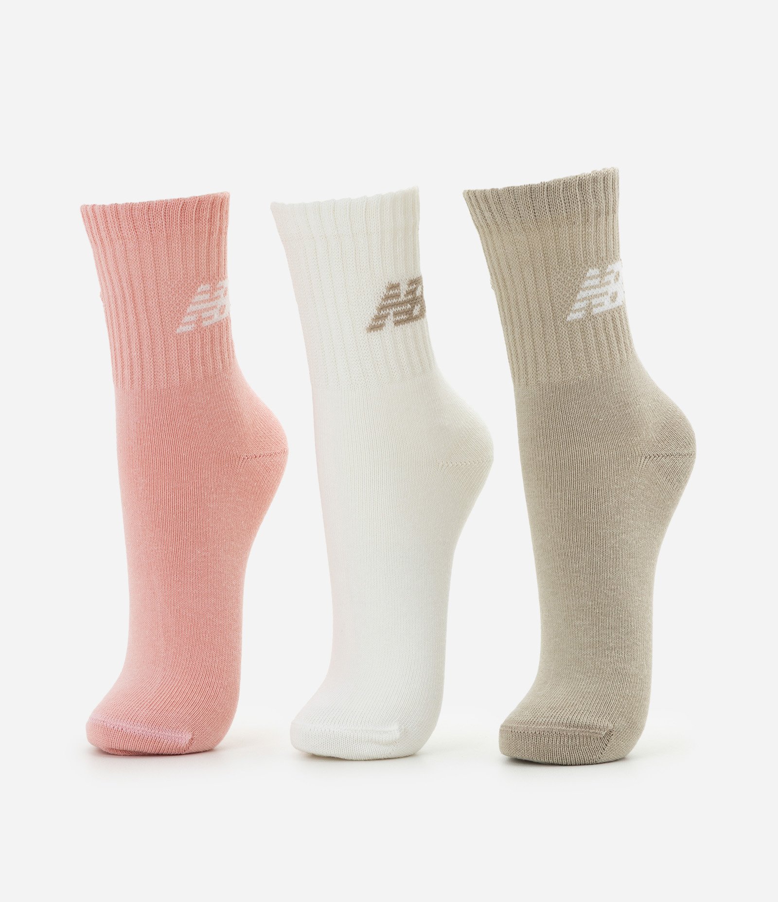 Kit 03 Meias Esportivas Cano Médio em Algodão New Balance Rosa/Off White/ Bege 1