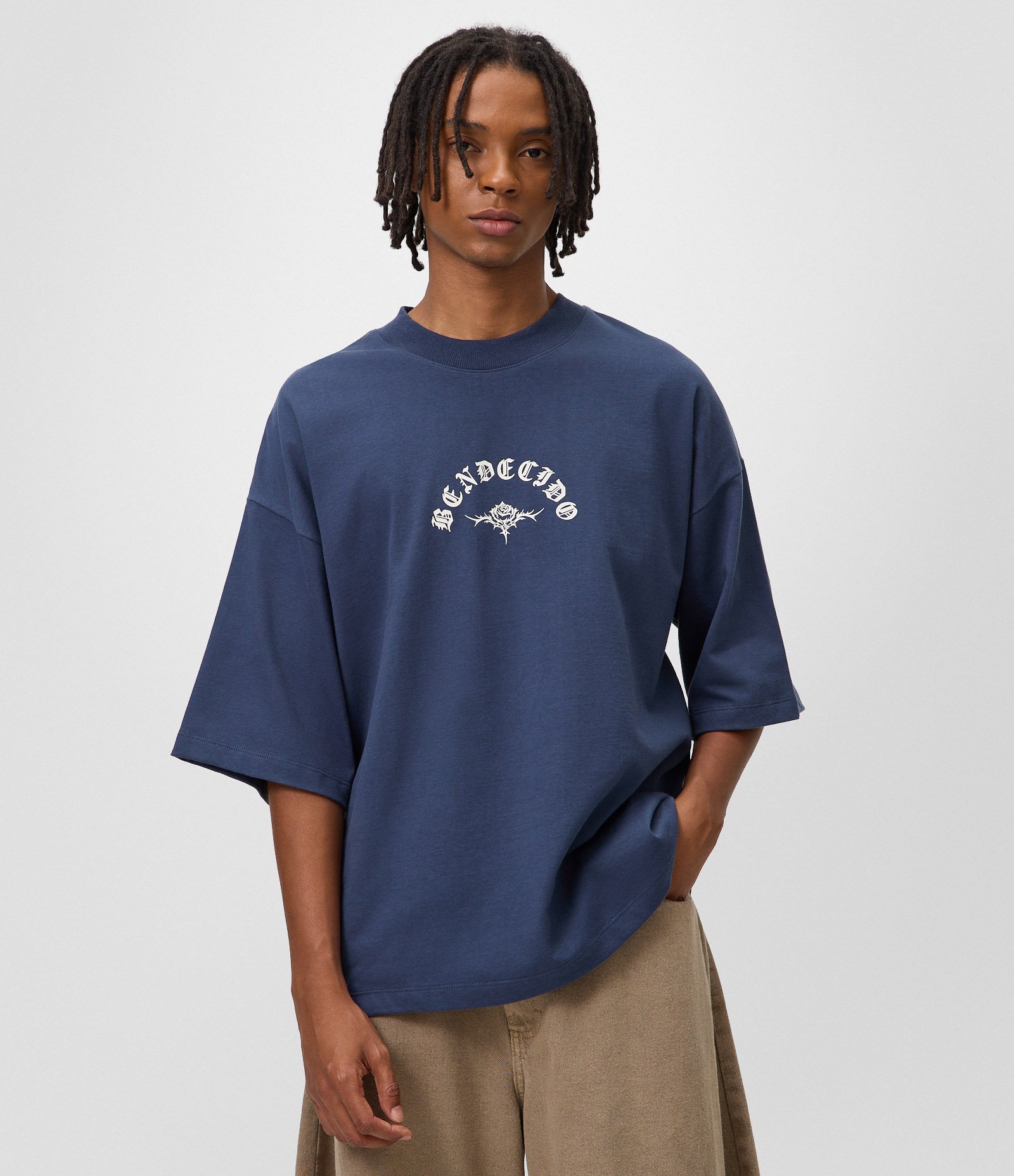 Camiseta Oversized em Algodão Estampa Bendecido Azul 1