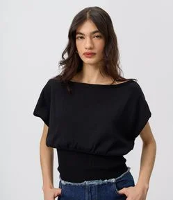Blusa Ombro a Ombro em Tricô Texturizado com Cintura Ajustada Franzida