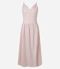 Vestido New Midi em Sarja com Estampa de Listras e Amarração