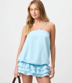 Vestido Curto em Crepe com Alça Única e Babados na Barra
