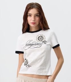 Camiseta em Algodão com Paetês e Lettering Dangerous