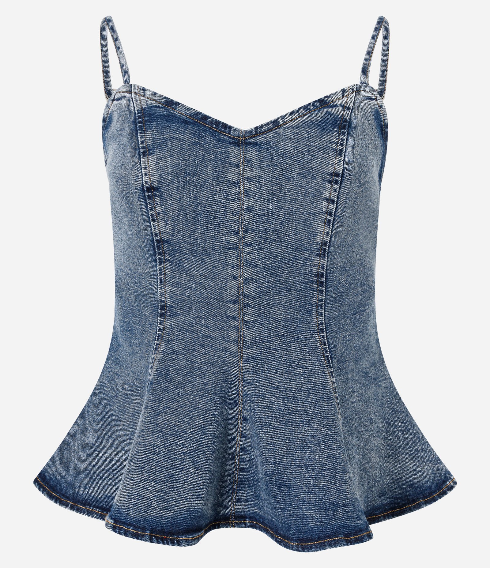 Blusa Slim em Jeans com Decote Coração e Alças Finas Azul 5