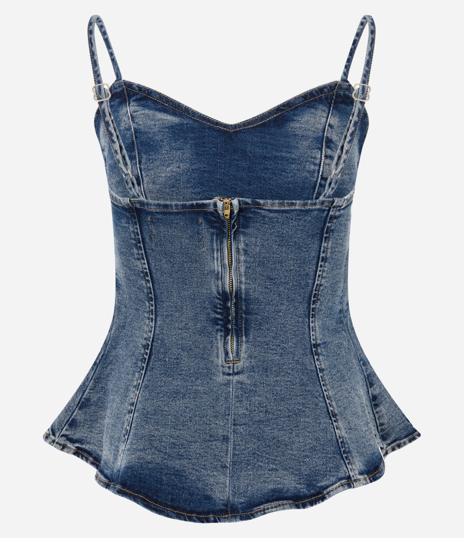 Blusa Slim em Jeans com Decote Coração e Alças Finas Azul 6
