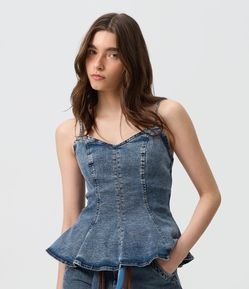 Blusa Slim em Jeans com Decote Coração e Alças Finas