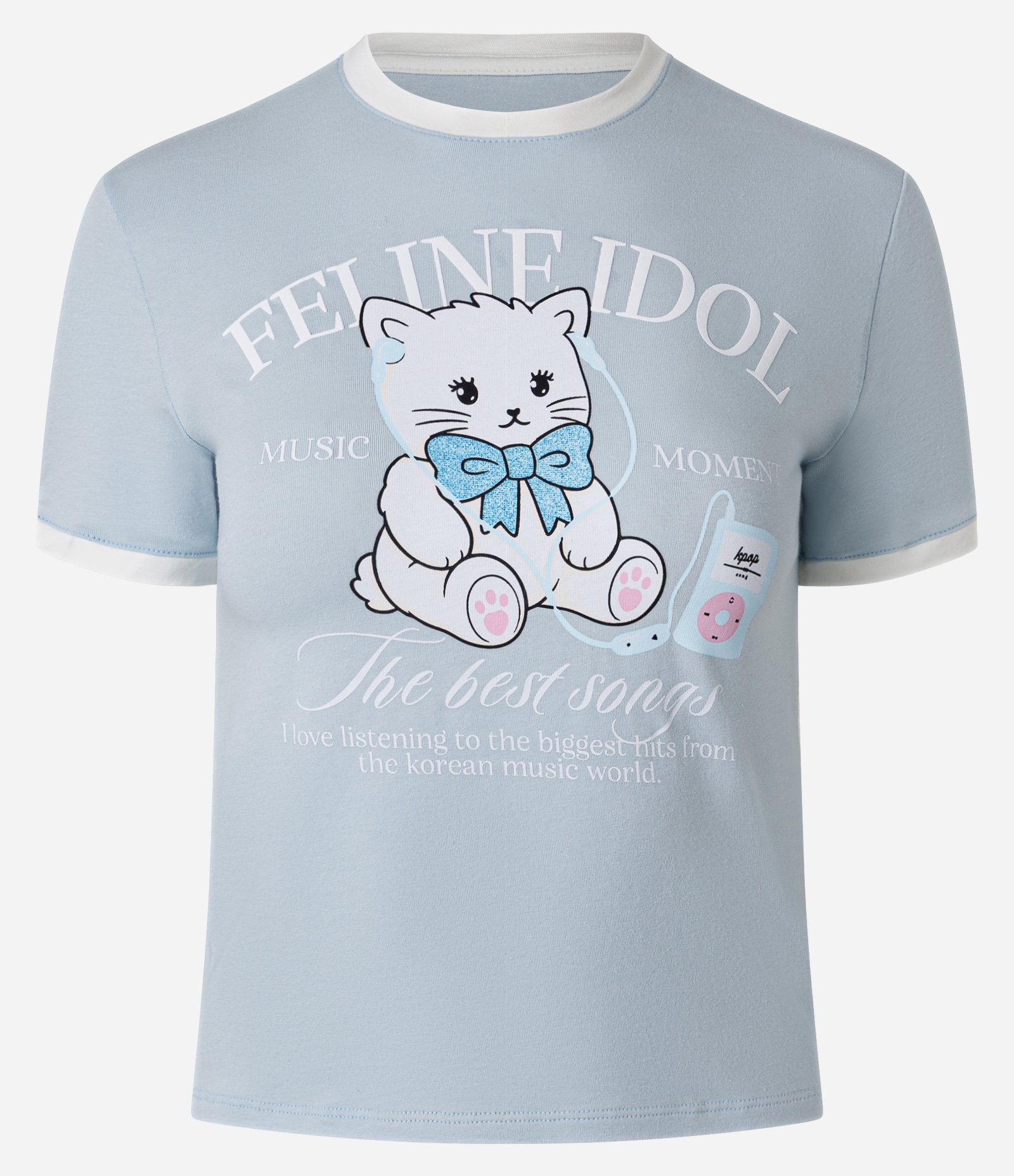 Camiseta New T-Shirt com Estampa de Gatinho e Aplicação de Brilho Azul Claro 1