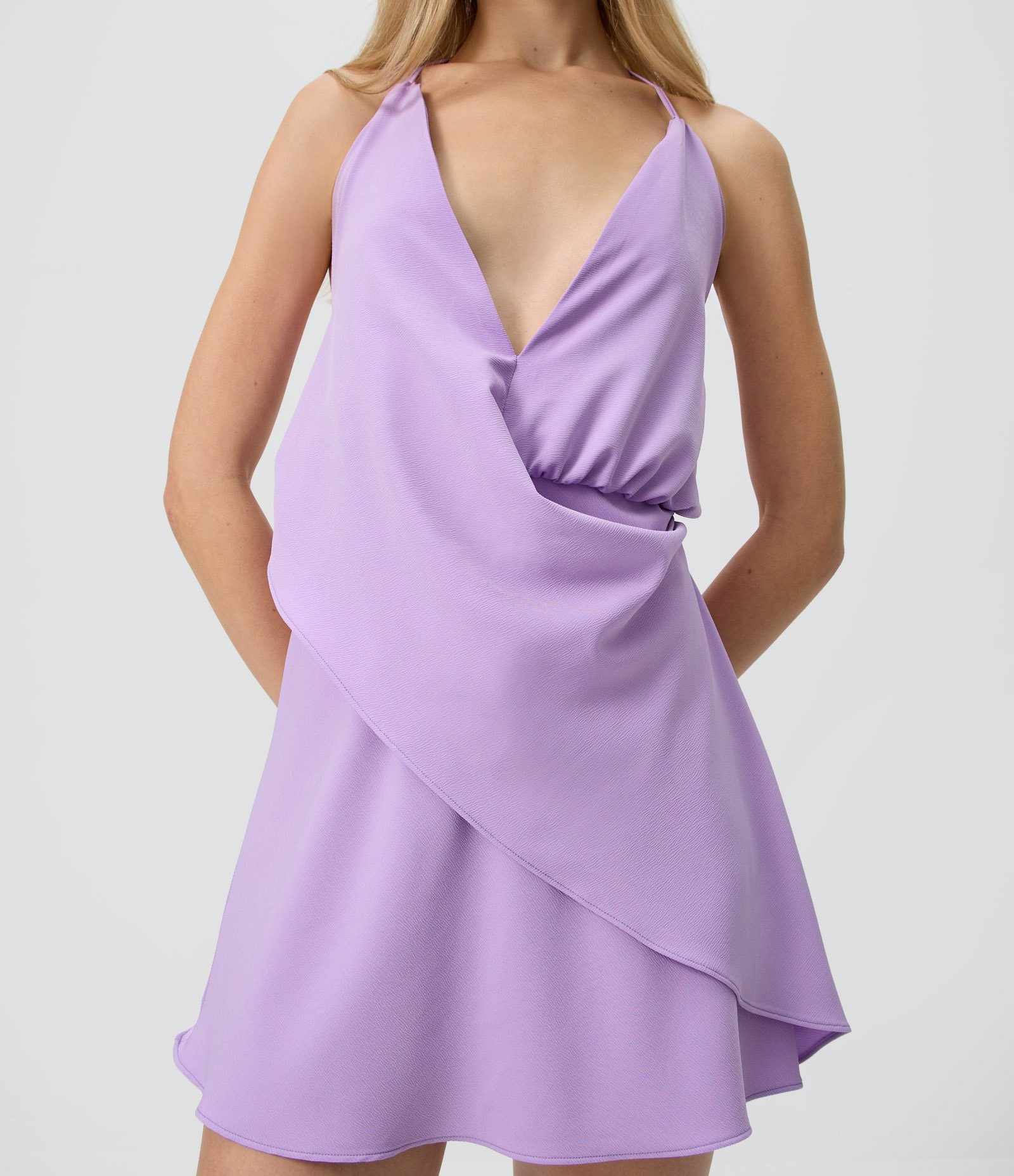 Vestido Frente Única Acetinado com Sobreposição Transpassada Roxo 3