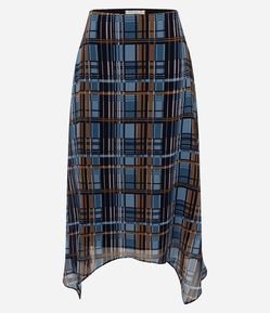 Saia Midi em Chiffon Xadrez com Barra Assimétrica