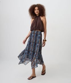 Saia Midi em Chiffon Xadrez com Barra Assimétrica