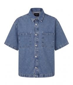 Camisa Boxy em Jeans com Bolsos Marmorizada