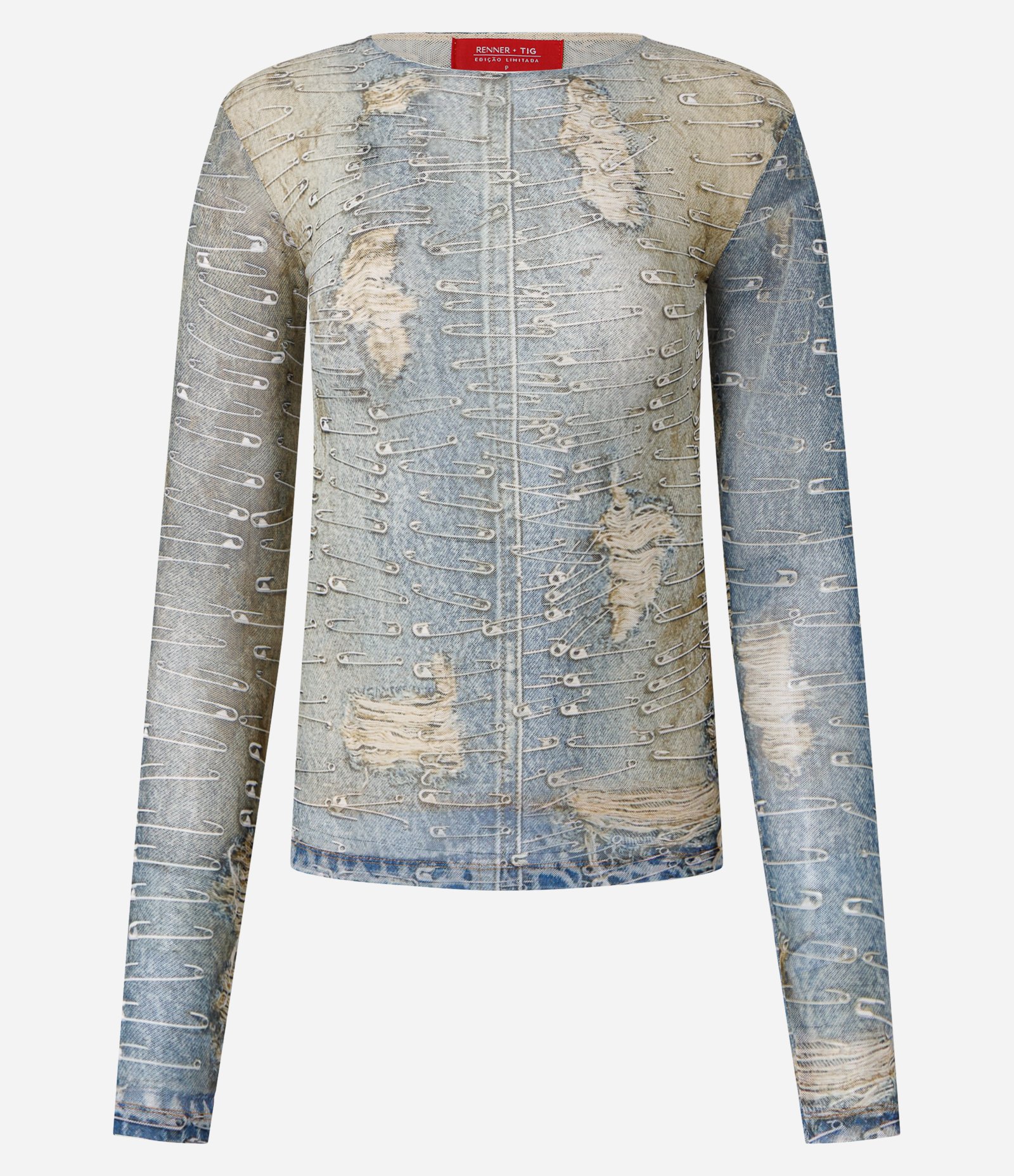 Blusa em Tule com Estampa Jeans com Alfinetes Azul 5