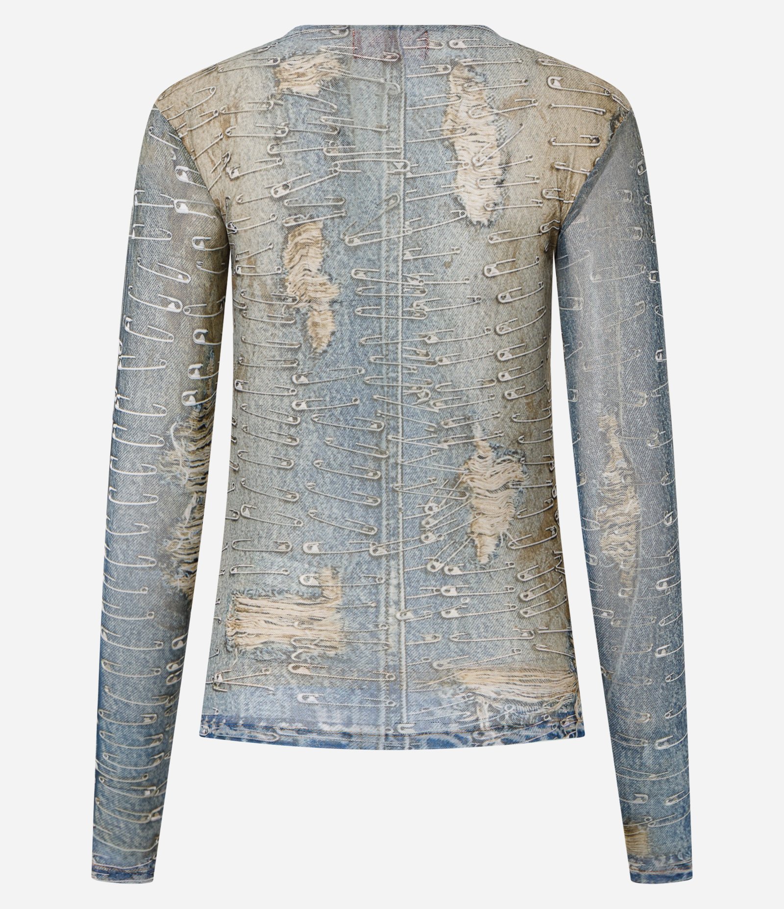 Blusa em Tule com Estampa Jeans com Alfinetes Azul 6