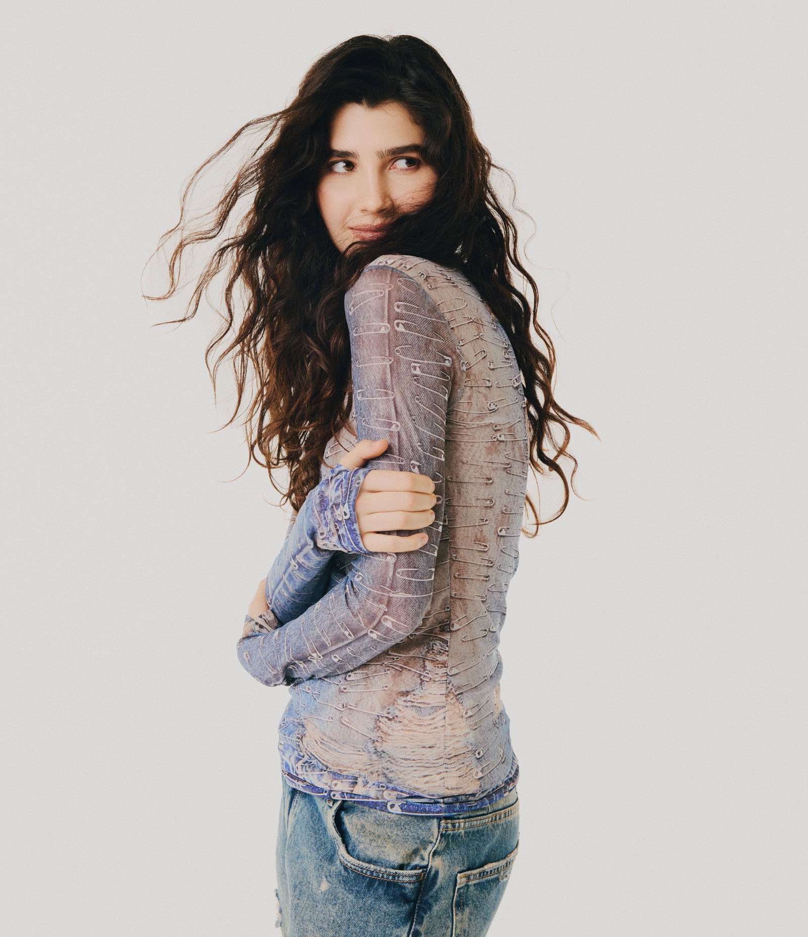 Blusa em Tule com Estampa Jeans com Alfinetes Azul 2