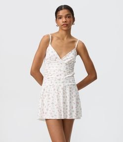 Vestido Curto Floral em Microfibra com Decote Transpassado
