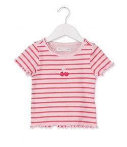 Camiseta Infantil Ribana Listrada com Cereja Bordada - Tam 1 a 6 Anos