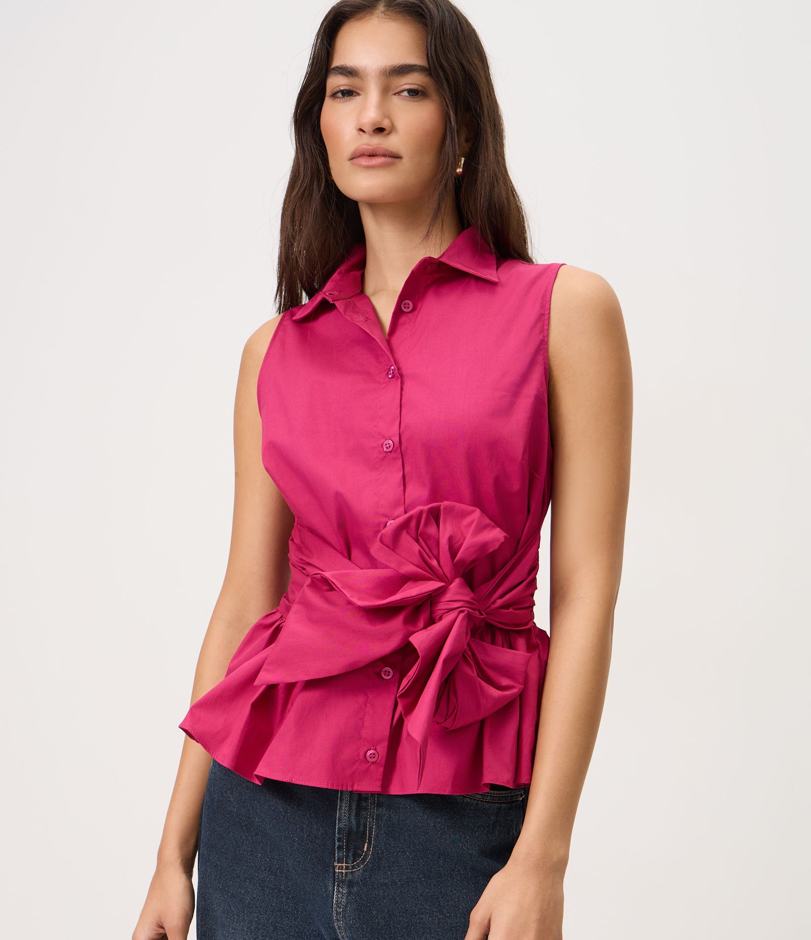 Camisa Peplum em Tricoline com Amarração Frontal em Laço Rosa 1