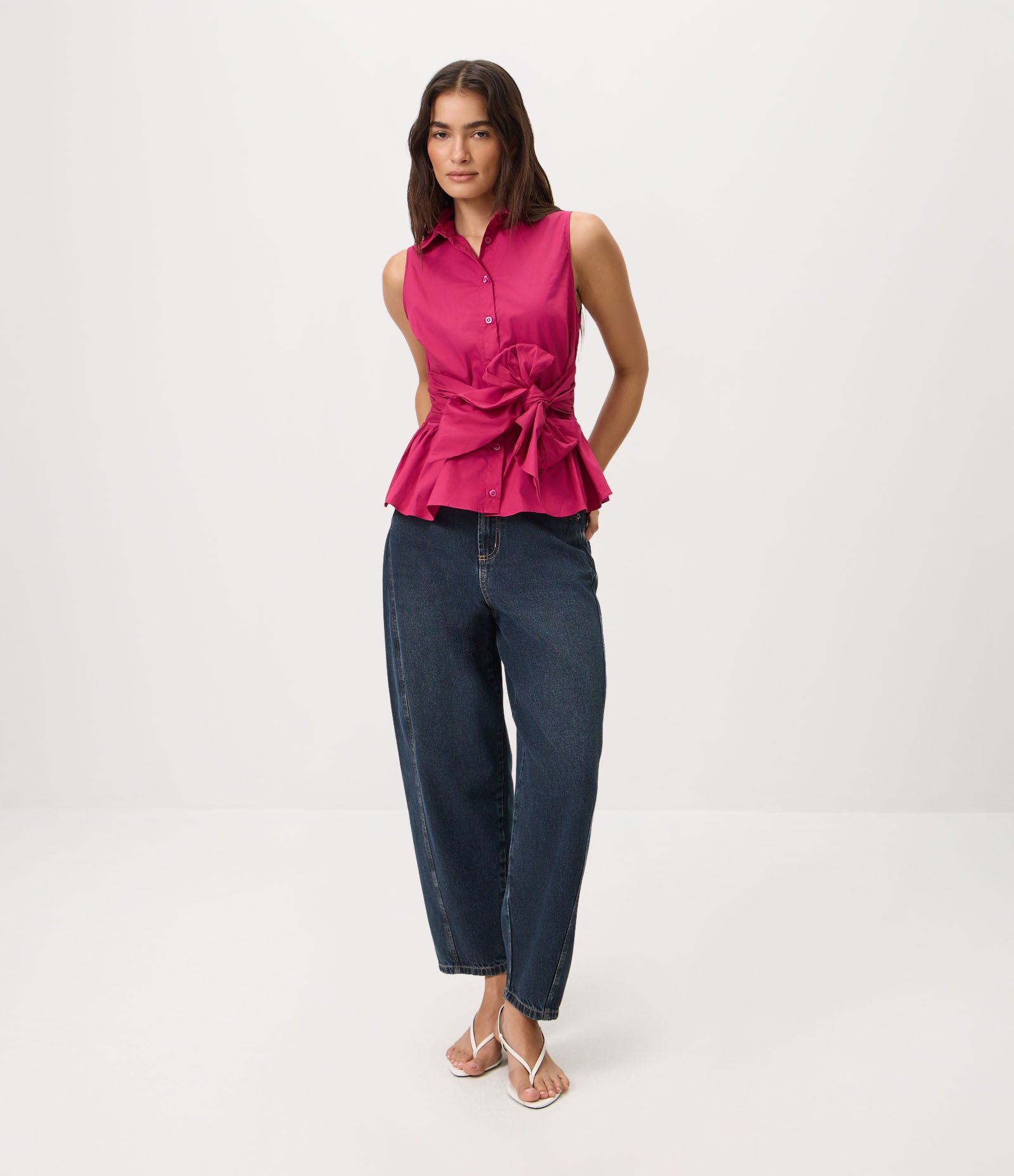 Camisa Peplum em Tricoline com Amarração Frontal em Laço Rosa 2