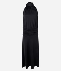 Vestido Longo em Microfibra com Decote Halter e Franzido na Cintura