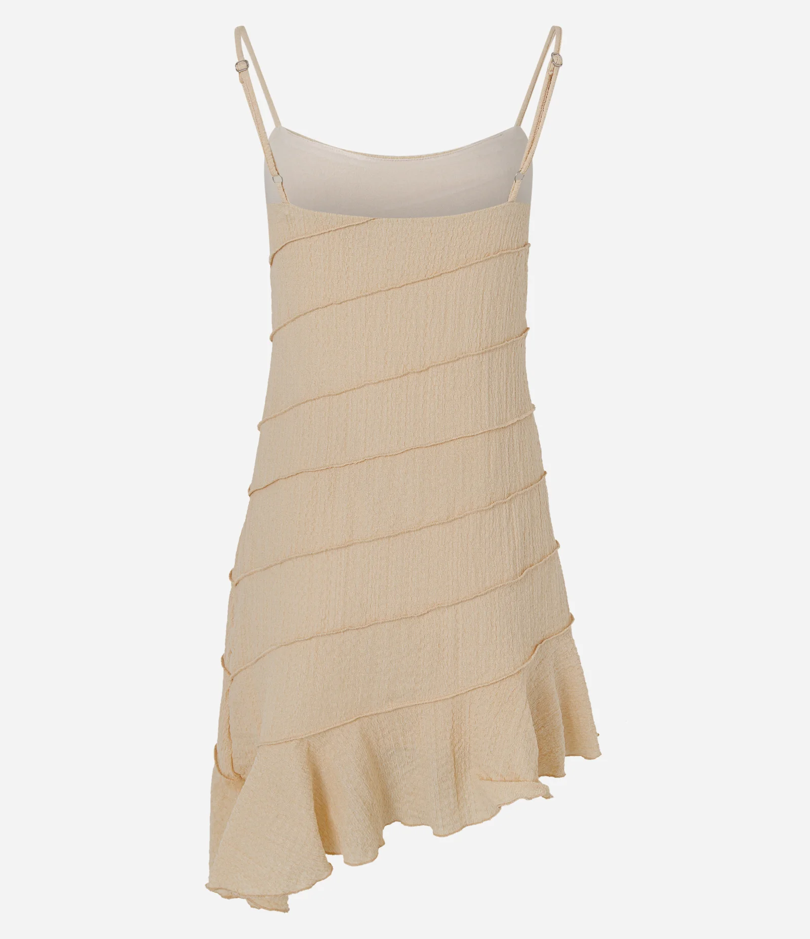 Vestido Curto Assimétrico Texturizado com Barra com Babado Bege Claro 2