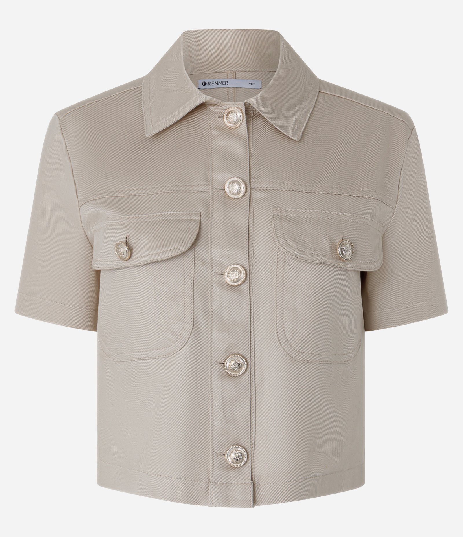 Camisa Cropped em Sarja com Bolsos Frontais Bege 1