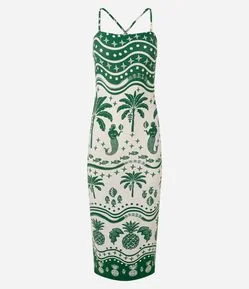 Vestido Midi em Ribana com Estampa Tropical