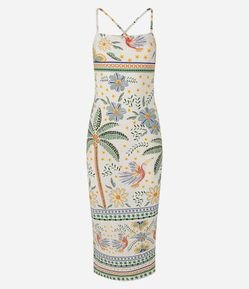 Vestido Midi em Ribana com Estampa Tropical de Pássaros