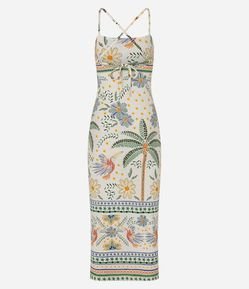 Vestido Midi em Ribana com Estampa Tropical de Pássaros