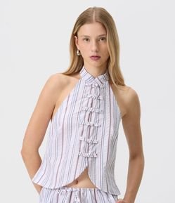 Blusa Frente Única com Estampa Listrada e Fechamento Oriental