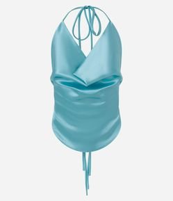 Blusa Frente Única Acetinada com Decote Degagê e Amarração nas Costas