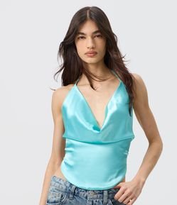 Blusa Frente Única Acetinada com Decote Degagê e Amarração nas Costas