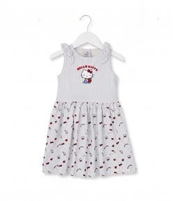Vestido Infantil Evasê Listrado com Estampa Hello Kitty - Tam 1 a 6 Anos