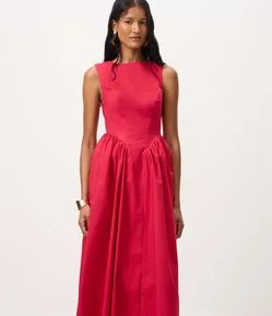 Vestido New Midi em Tricoline com Decote Canoa e Recortes Estruturados