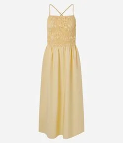 Vestido Midi em Tricoline com Busto Franzido e Amarração nas Costas