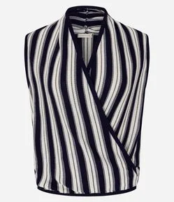 Blusa em Tricô com Transpasse Frontal e Estampa Listrada