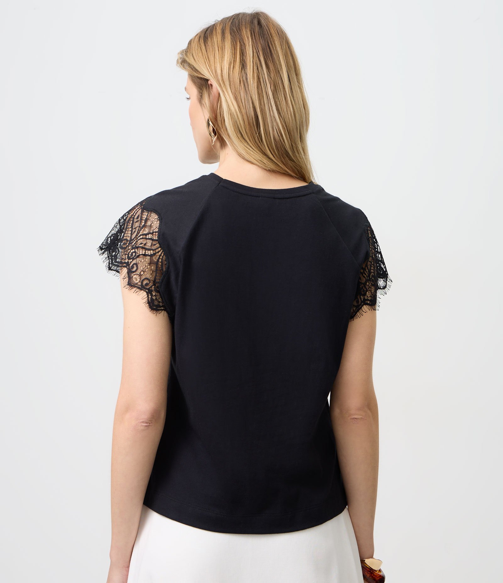 Blusa Slim em Algodão com Mangas em Renda Preto 4