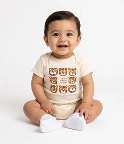 Body Bebê em Algodão Estampa Tigre com Lettering - Tam 0 a 18 Meses