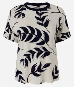Blusa com Estampa de Folhagens e Gola Contrastante