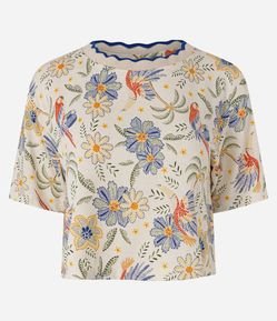 Blusa em Moletinho com Estampa Tropical de Pássaros e Flores