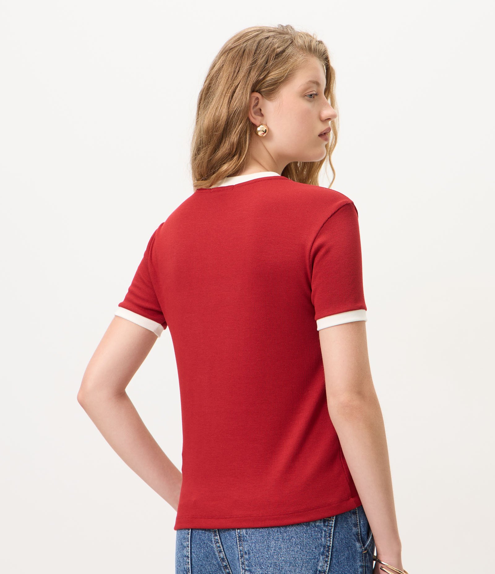 Blusa Manga Curta em Ribana Com Botões no Ombro Vermelho 4
