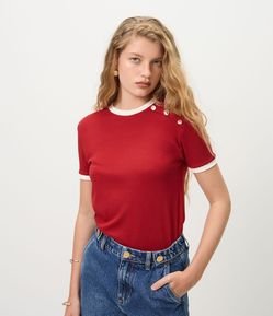 Blusa Manga Curta em Ribana Com Botões no Ombro