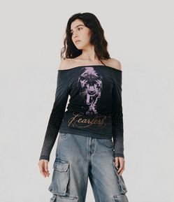 Blusa em Algodão com Decote Ombro a Ombro e Estampa Tigre