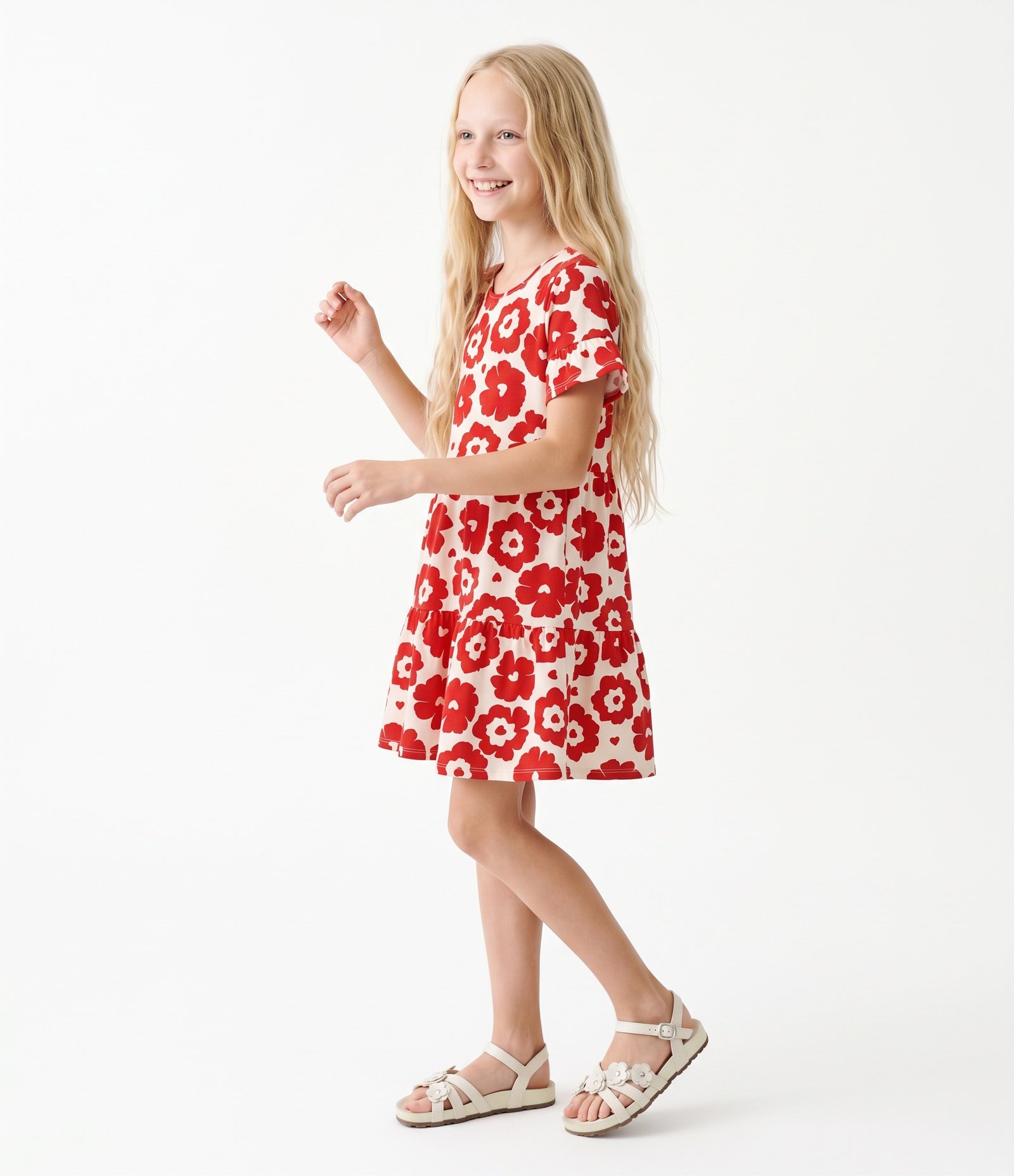 Vestido Infantil Floral em Algodão - Tam 5 a 16 Anos Vermelho 2