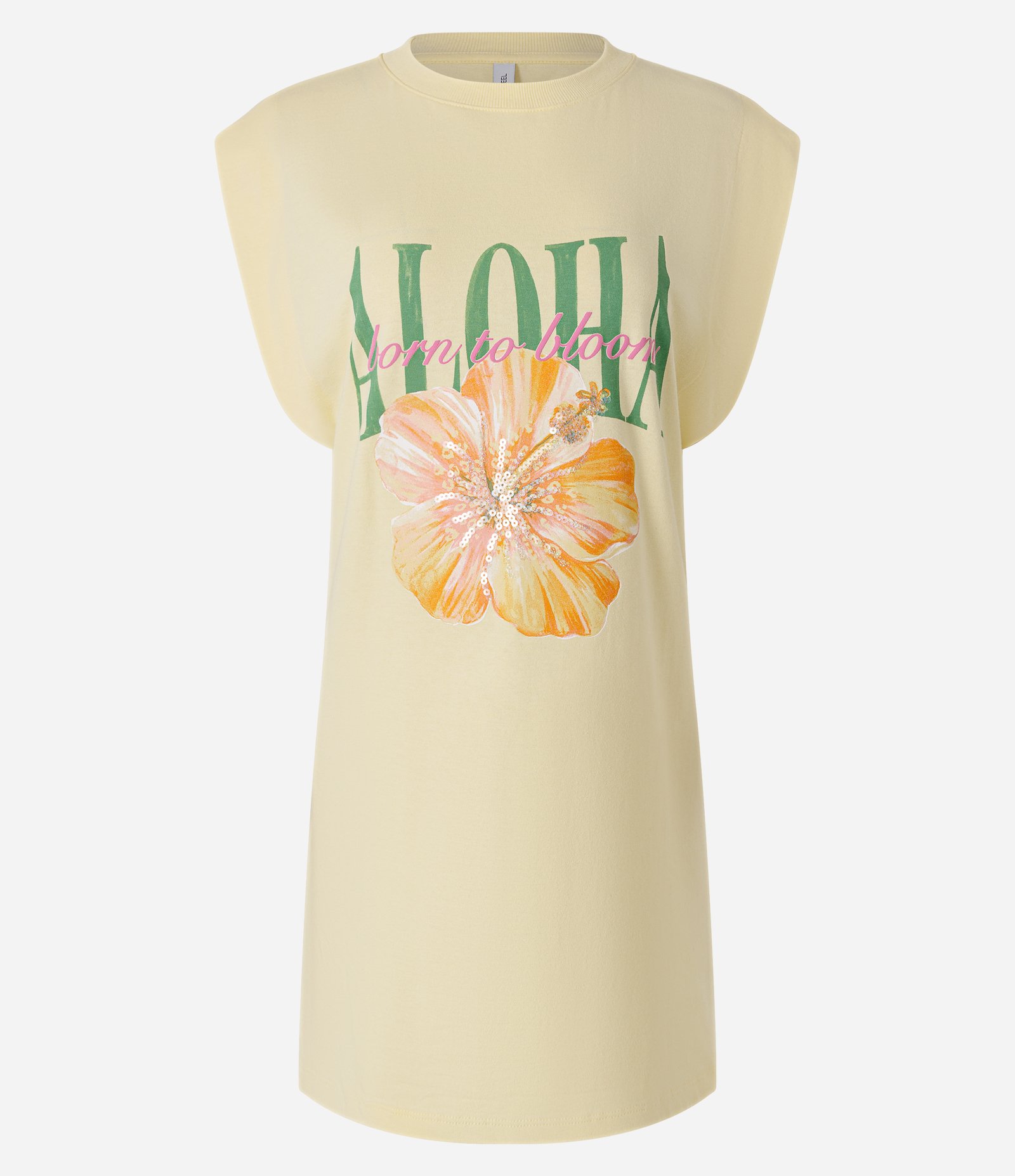 Vestido Curto em Algodão com Estampa Tropical e Paetês Amarelo 1