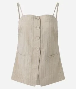 Blusa Em Linho Ajustada com Risca de Giz e Botões Frontais