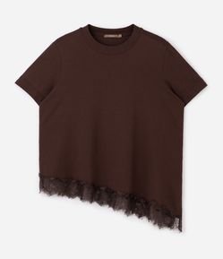 Blusa Manga Curta com Renda Irregular na Barra Curve & Plus Size