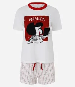 Pijama Curto com Estampa Mafalda e Corações